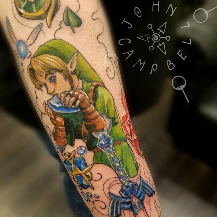 Legend of Zelda Tattoo of Link - tattoo link done in color by Tattoo Artist John Campbell at Sacred Mandala Studio in Durham, NC. Custom Tattoos and Art Gallery in the Triangle of North Carolina - Raleigh, Durham and Chapel Hill.
